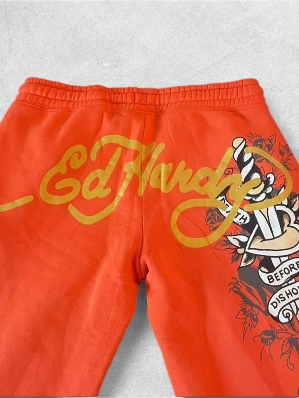Ed Hardy Orange Sweatpants with Yellow Logo & Tattoo Print